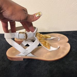 Trina Turk white leather ankle sandals with gold hardware size 8